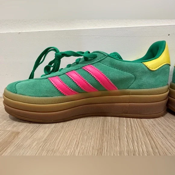 New!adidas gazellGreen Suede Sneakers with Pink Three-Stripes and Yellow Heel - Picture 4 of 9